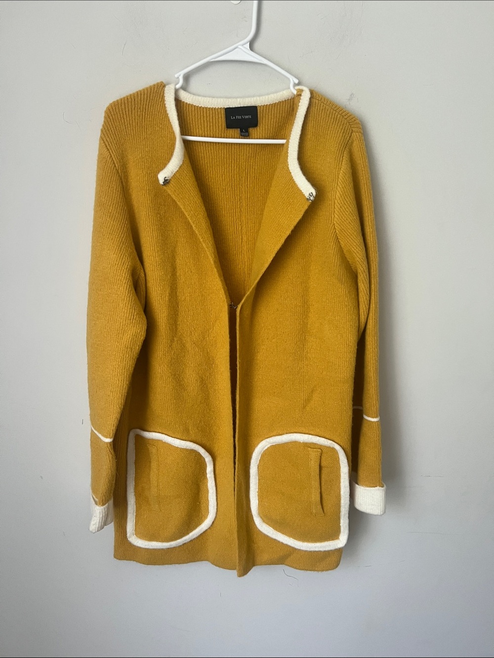 Anthropologie La Fee Verte Mustard Yellow Open Front Cardigan Coat sz L ✔️
